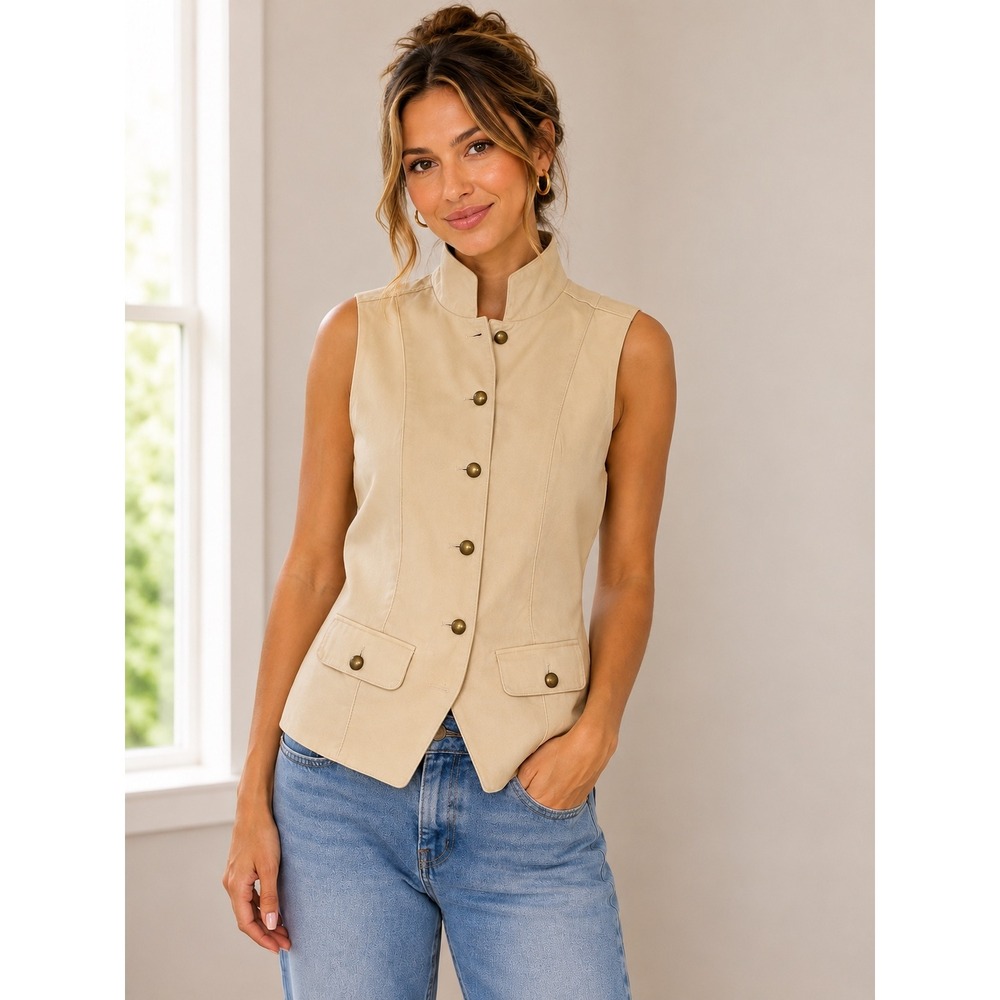 RZ Tan Cotton Blend Mock Neck Button Front Tailored Vest Sleeveless Jacket L
